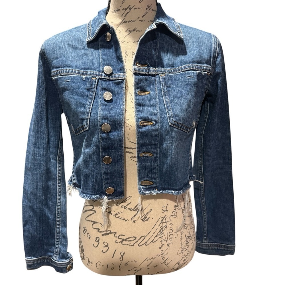 L'AGENCE Cropped Denim Jacket Blue Jean Raw Hem Size XS